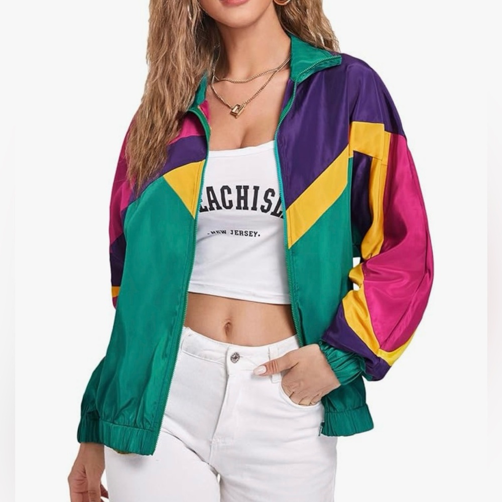 retro 80's themed jacket, windbreaker, light weight, colour-blocked